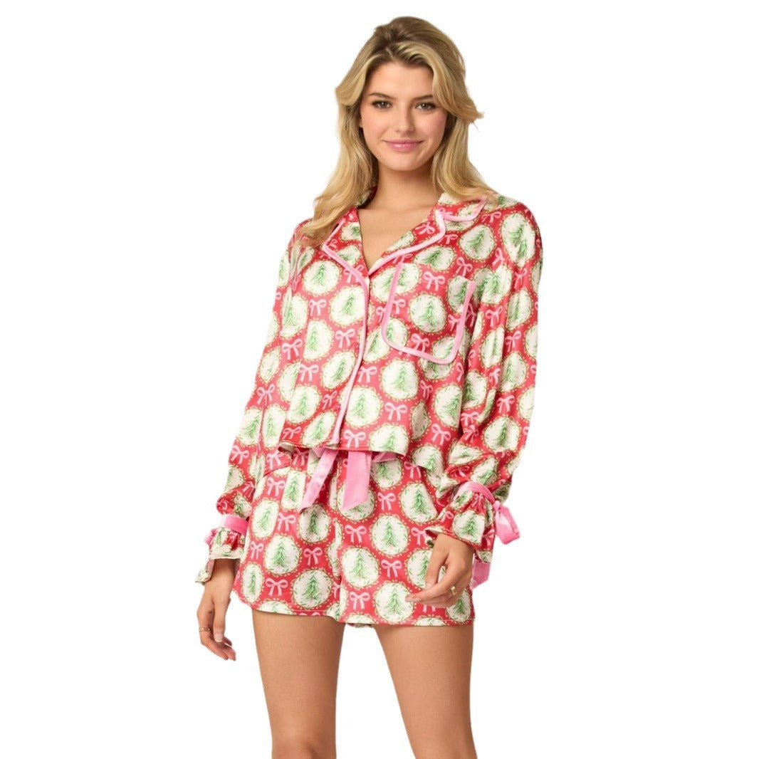 Women's Long Sleeve and Shorts Silky Christmas Pajamas-Theone Apparel