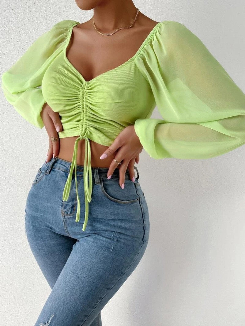Women's Loose Fitting Billowy Sleeved Off the Shoulder Blouse-LIght Green-Theone Apparel