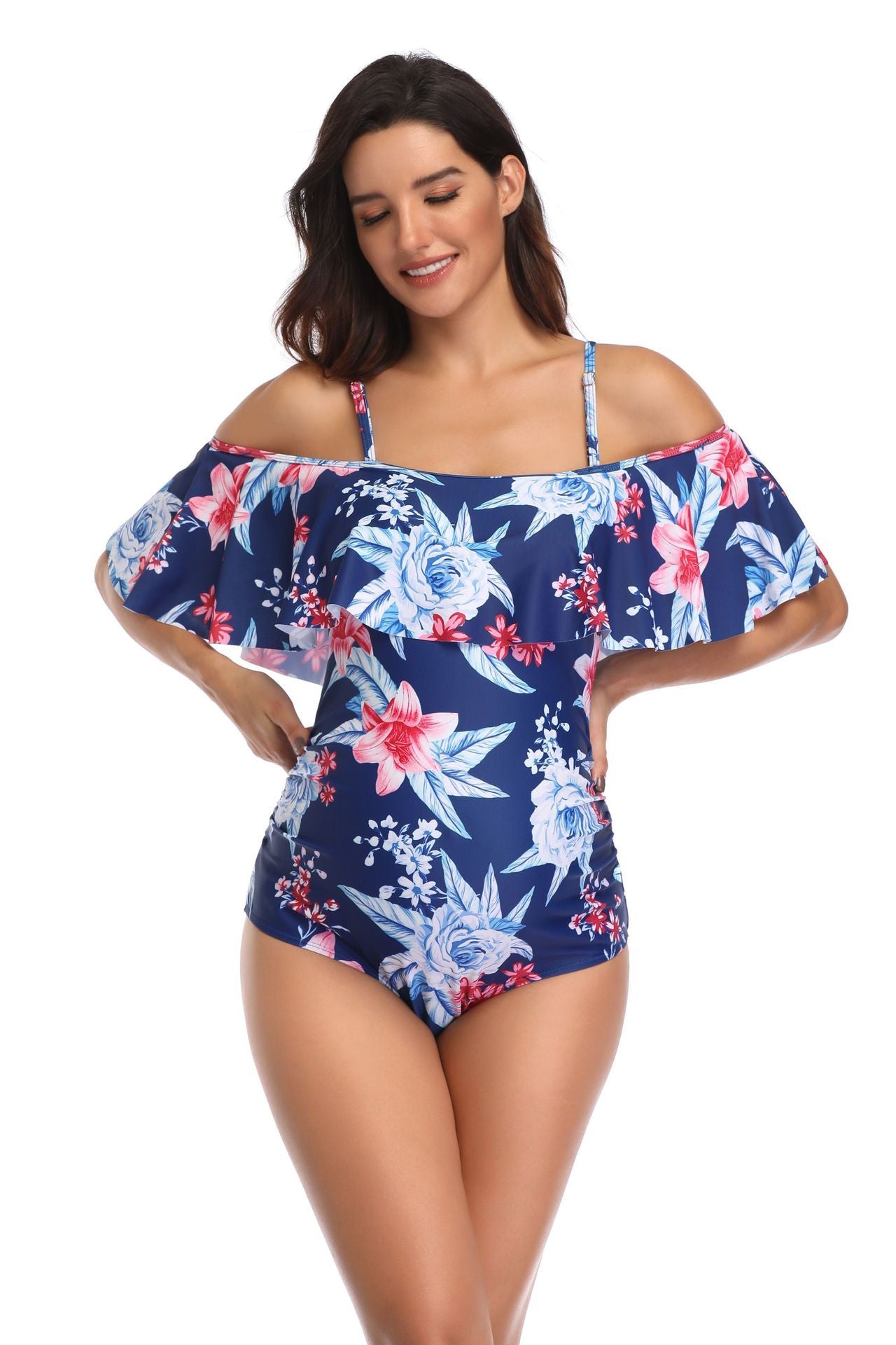 Women's One Piece Off Shoulder Floral Print Swimsuit-Theone Apparel