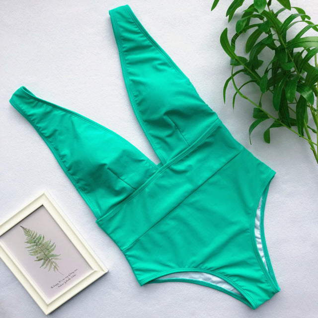 Women's One Piece Scoop Neck Swimsuit with Cinched Waist-Green-Theone Apparel