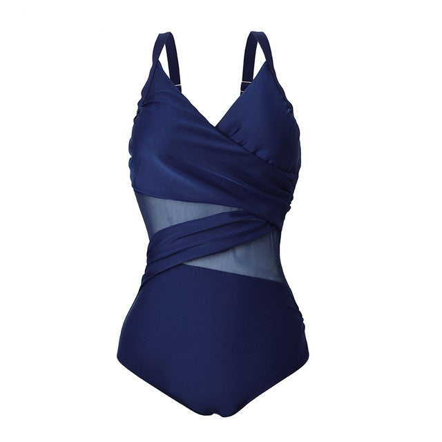 Women's One Piece Swimsuit with Sheer Midriff-Dark Blue-Theone Apparel