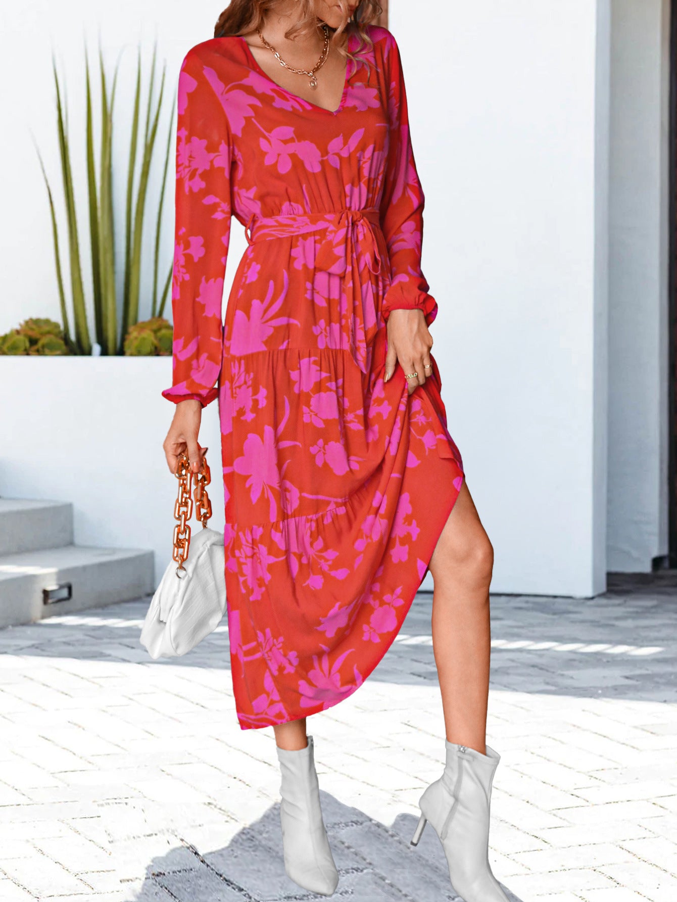 Women's Red and Pink Midi Wrap Dress with Long Sleeves-Theone Apparel