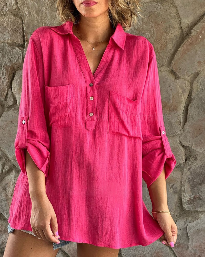 Women's Solid Color Long Sleeve Button Up Blouse-Rose Red-Theone Apparel