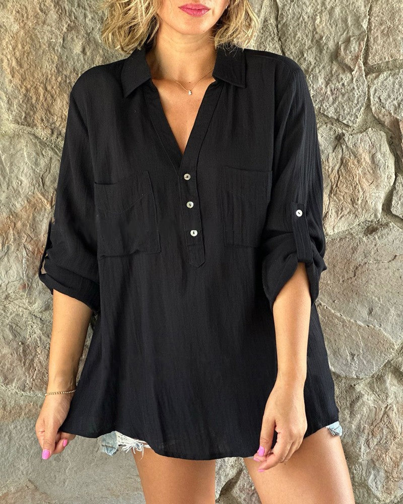 Women's Solid Color Long Sleeve Button Up Blouse-Black-Theone Apparel