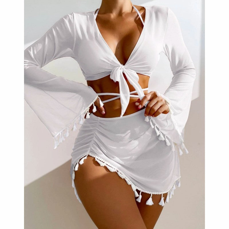 Women's Tassel Fringe Two Piece Long Sleeve Swimsuit Coverup-White-Theone Apparel