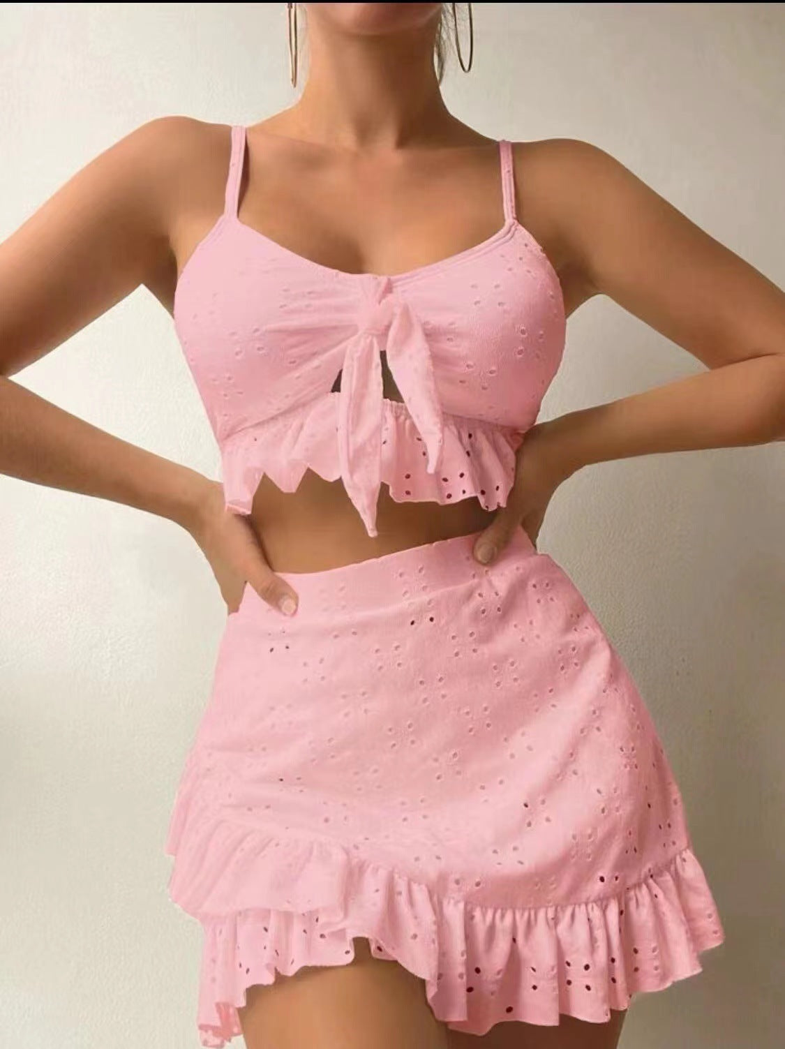 Women's Three Piece Bikini Set with Hip-Hugging Skirt-Pink-Theone Apparel
