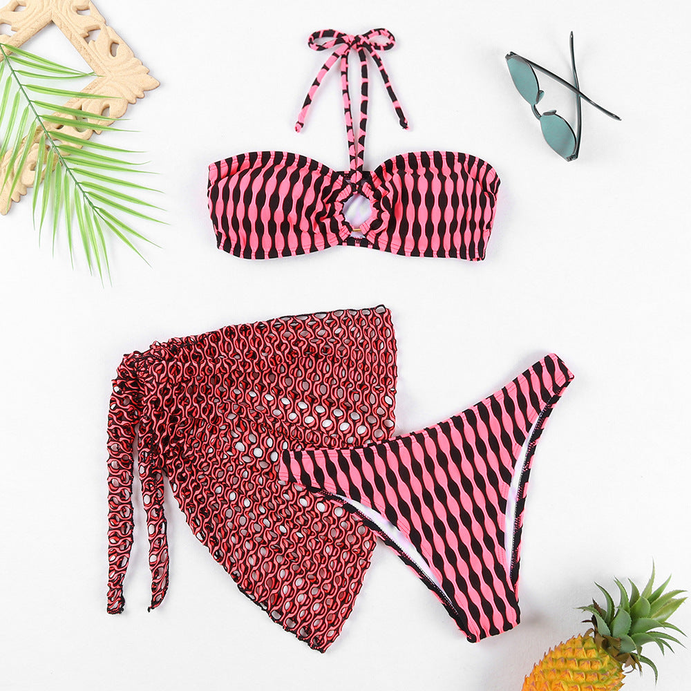 Women’s Three-Piece Tube Top Bikini and Swimwear Set-Red-Theone Apparel