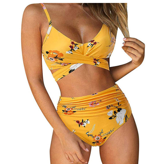 Women's Two Piece Bikini With High Waist Animal Print Bottoms-Yellow-Theone Apparel