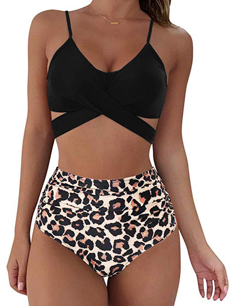 Women's Two Piece Bikini With High Waist Animal Print Bottoms-Black/Leopard-Theone Apparel