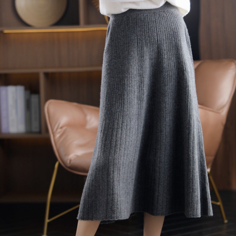 Wool Knitted Cashmere Pleated Skirt For Cozy Elegance-Dark Gray-Theone Apparel