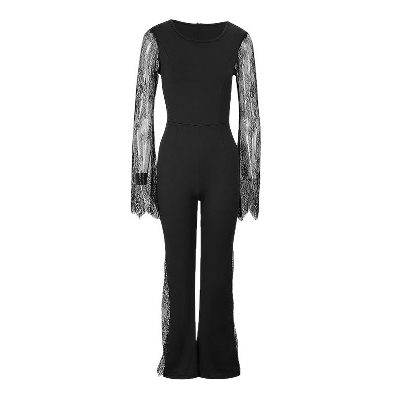 Lace-embellished Long-sleeve Crew-neck Bodycon Jumpsuit With A Cinched Waist And Hip-lifting Design