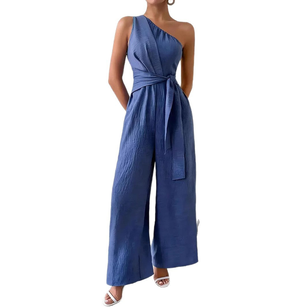 Women's Casual Wide-leg Jumpsuit With Shoulder Strap And Waist Tie