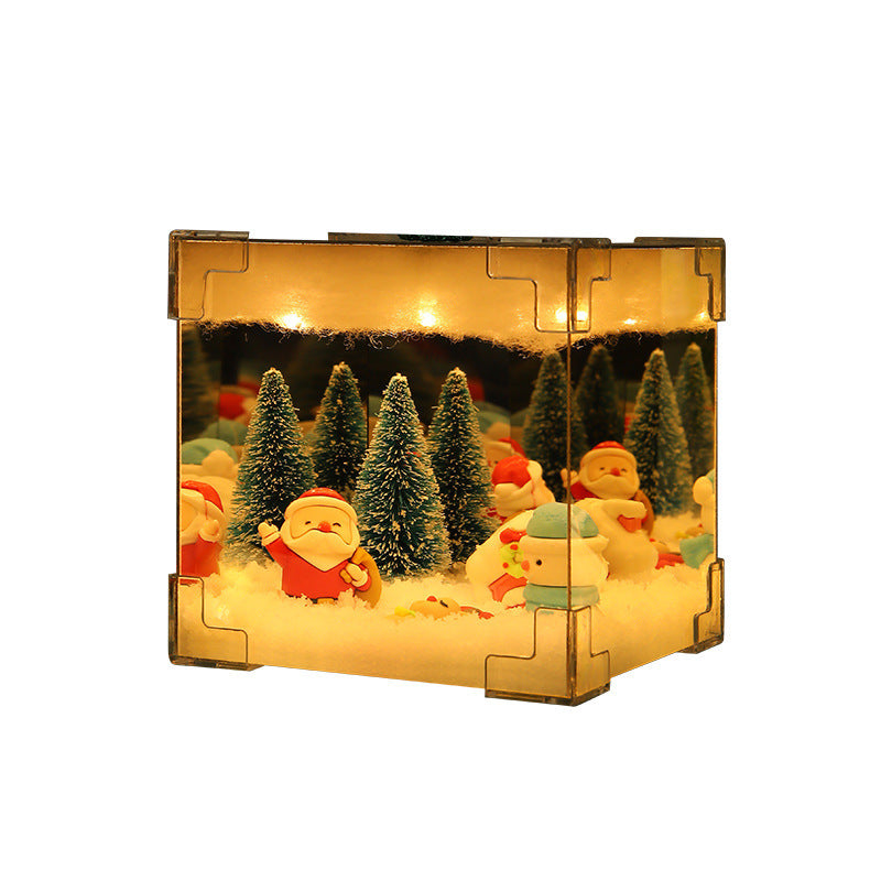 Mirrored Glass Cube Light-Up Snowman & Snowy Tree Tabletop Christmas Decoration