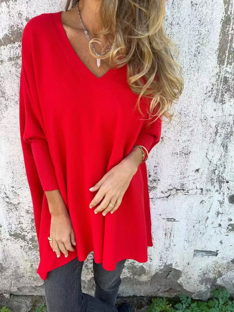 Autumn Winter Knitted V Neck Long Sleeve Loose Top For Women
