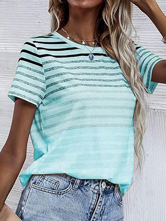 Women's Striped Gradient Round Neck Short Sleeve Top