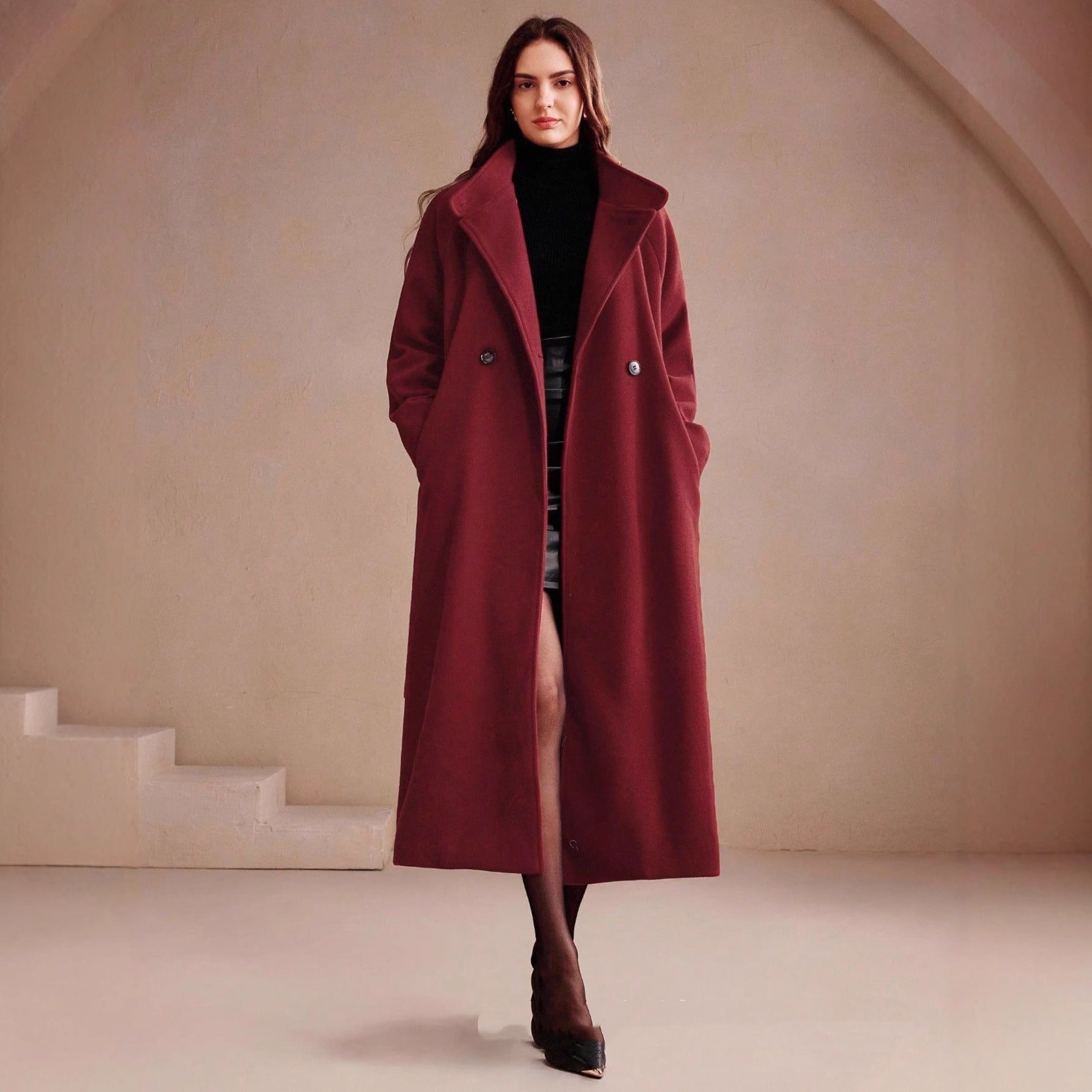 Women's Double-breasted Long Wool Coat With Suit Collar