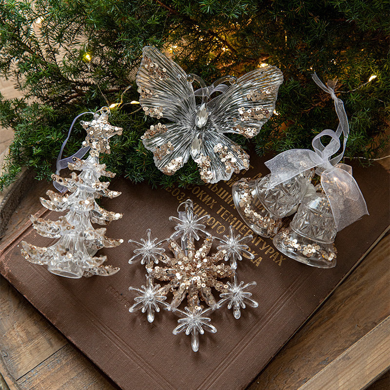 Elegant Sequined Clear Acrylic Hanging Ornament Decorations with Ribbon