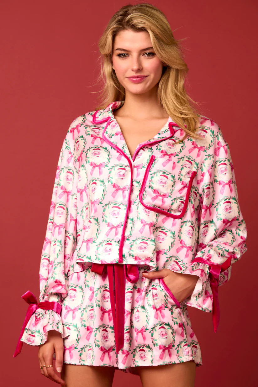 Women's Long Sleeve and Shorts Silky Christmas Pajamas