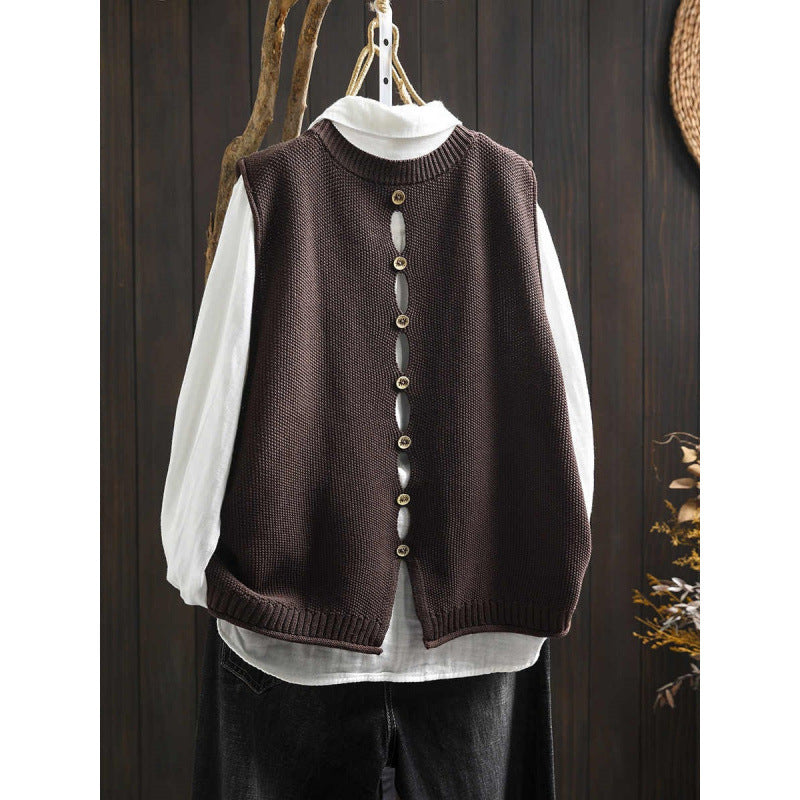 Back Buttoned Cotton Thread Knitted Vest Women