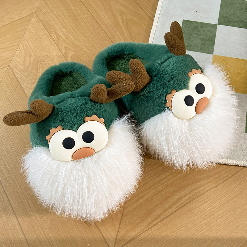 Whimsical Reindeer Santa Claus themed Green and White Slippers