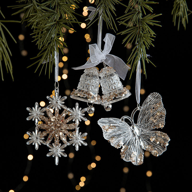 Elegant Sequined Clear Acrylic Hanging Ornament Decorations with Ribbon