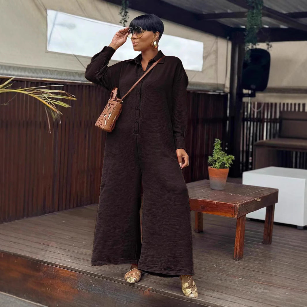 Casual Loose Round Neck Long Sleeve Wide Leg One-piece