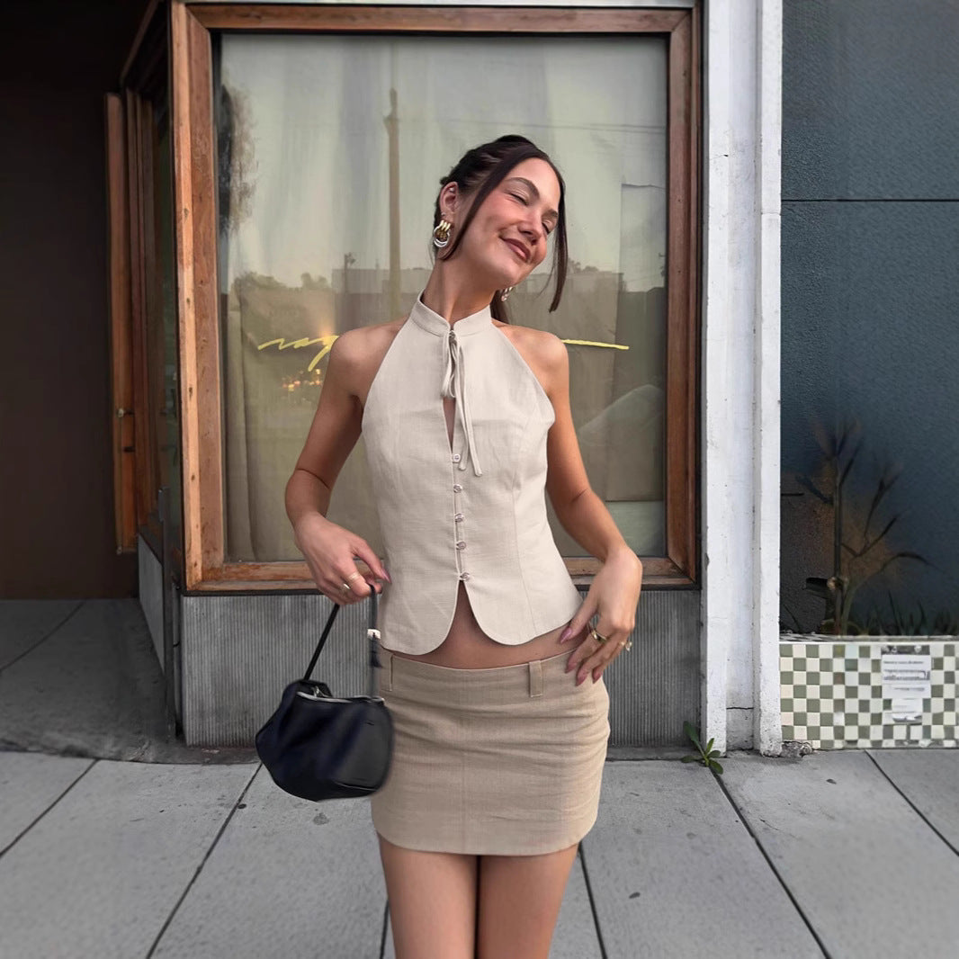 Women's Retro Slim-fit Backless Cropped Top