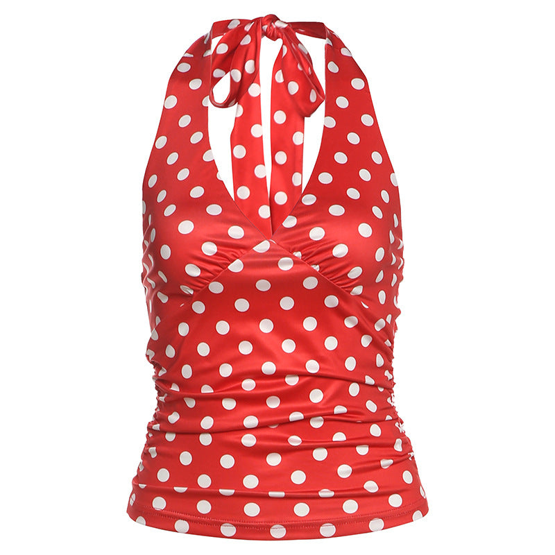 Sexy Black Polka-Dot Printed All-Match Backless V-Neck Halter Neck Bodycon Tank Top