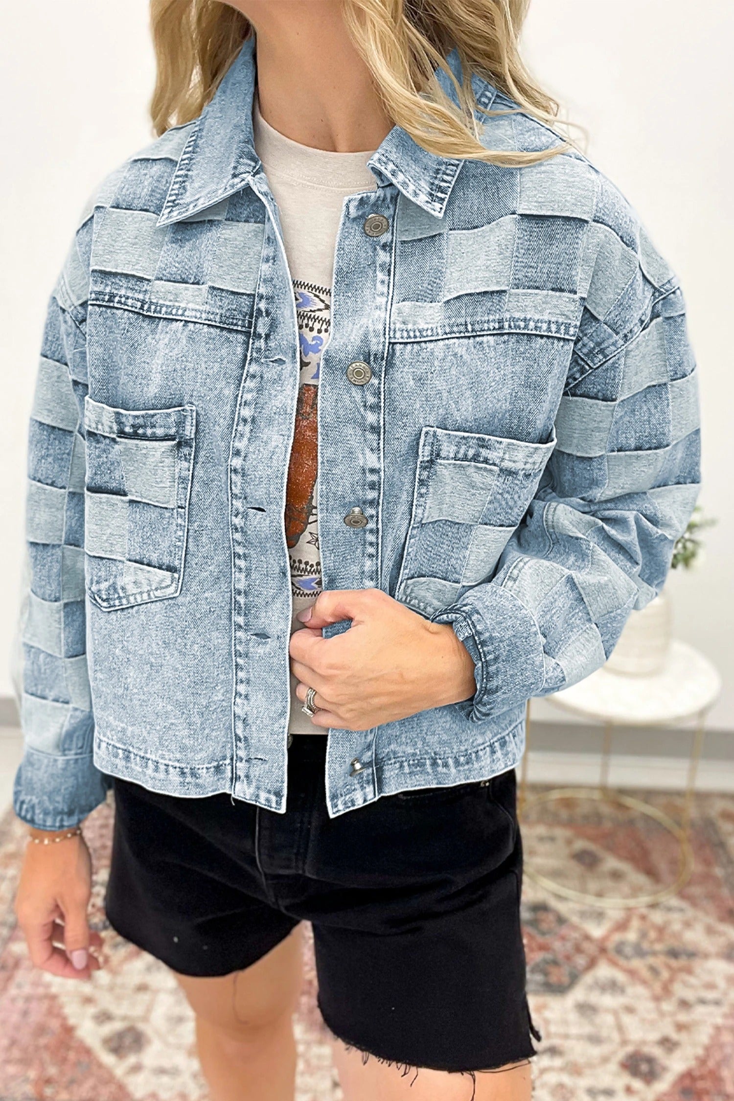 Women's Loose Casual Checkered Denim Jacket