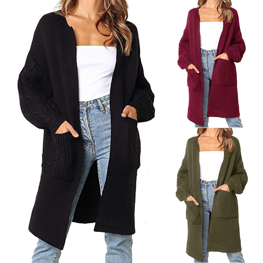 Cable Knit Lantern Sleeve Cardigan Coat For Women