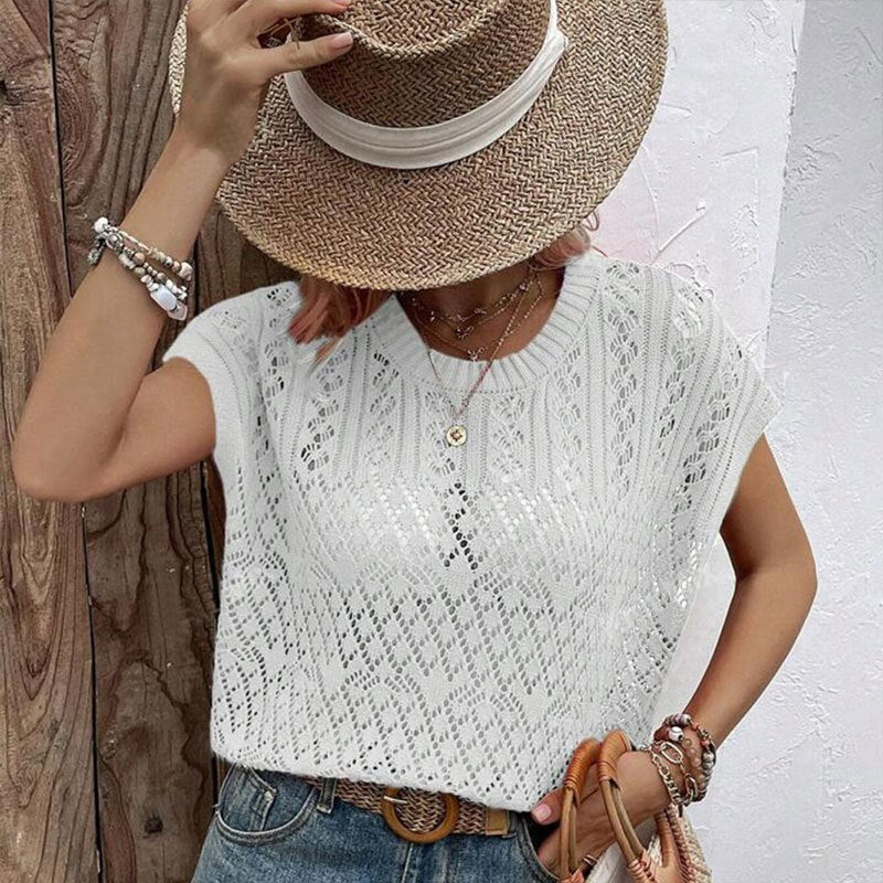 Knitted Hollow-out Crew-neck Pullover Bikini Swimsuit Dress Sun-protective Top