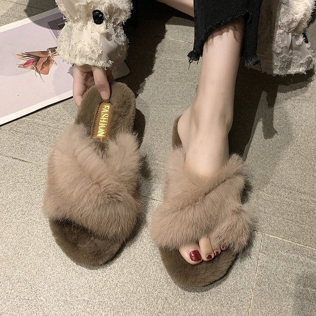 Fuzzy fur crisse kriskros slipperschoenen