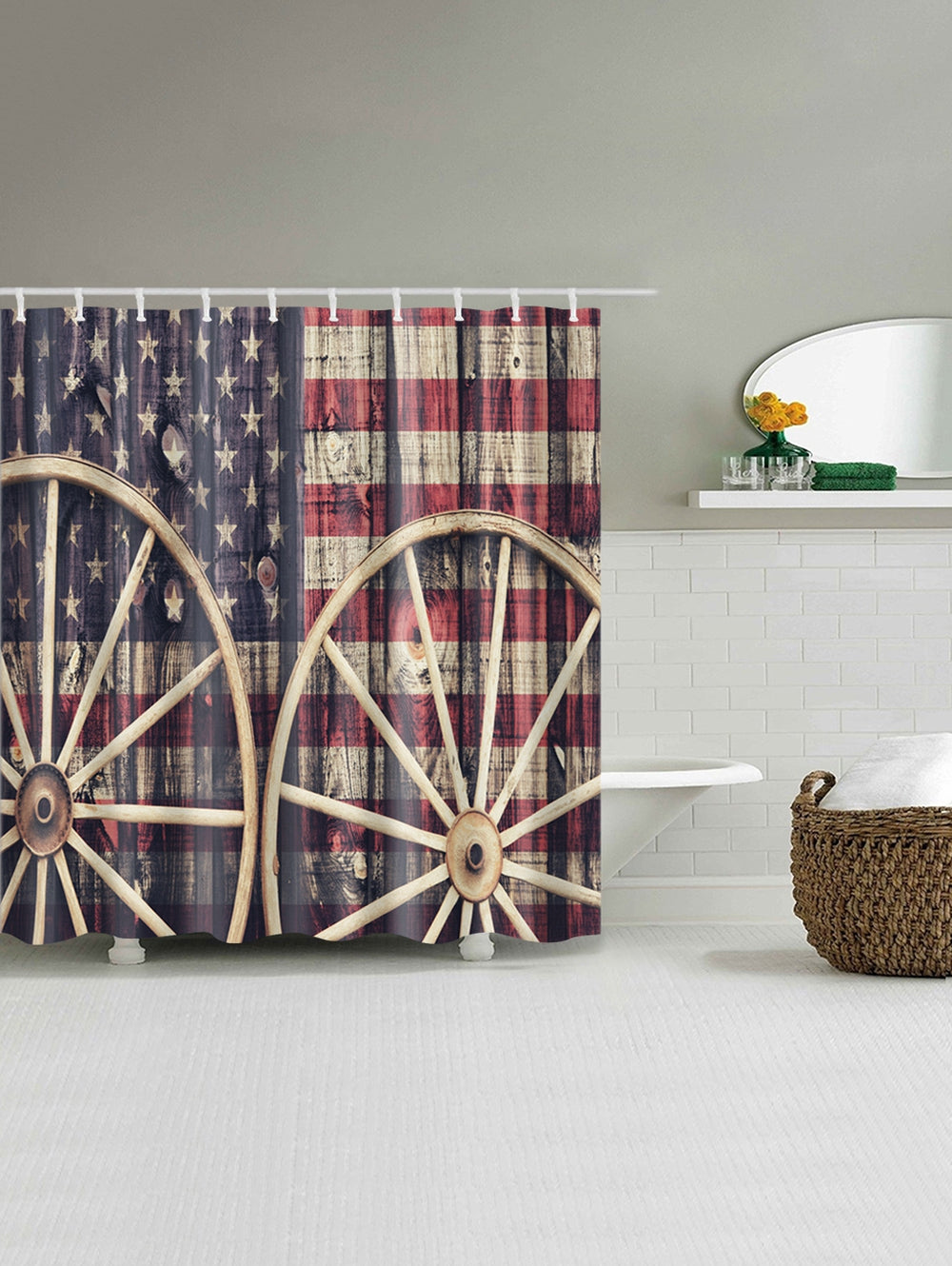 Wagon Wheel American Flag Shower Curtain