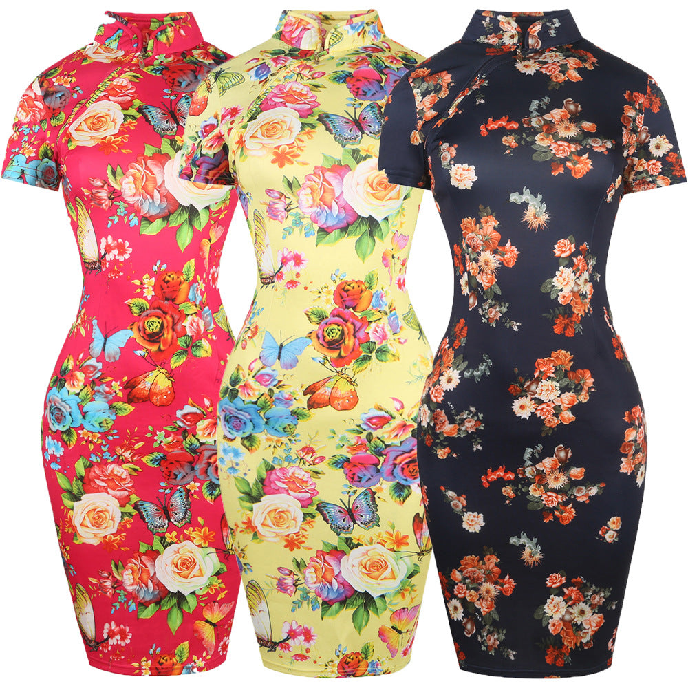 Floral Mandarin Collar Cheongsam Dress