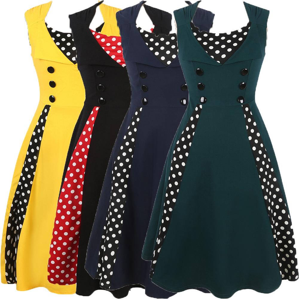 Polka Dot Contrast Button-Accent Sleeveless Dress