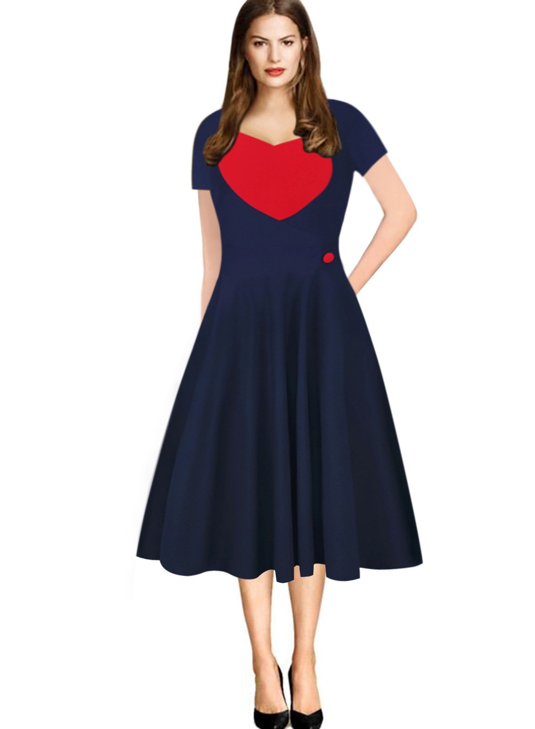 Two-Tone Button-Accent Cutout Sweetheart Dress