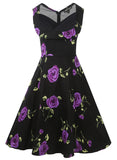 Vestido plissado floral preto retro