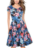 Floral V-Neck Cap-Sleeve A-Line Dress