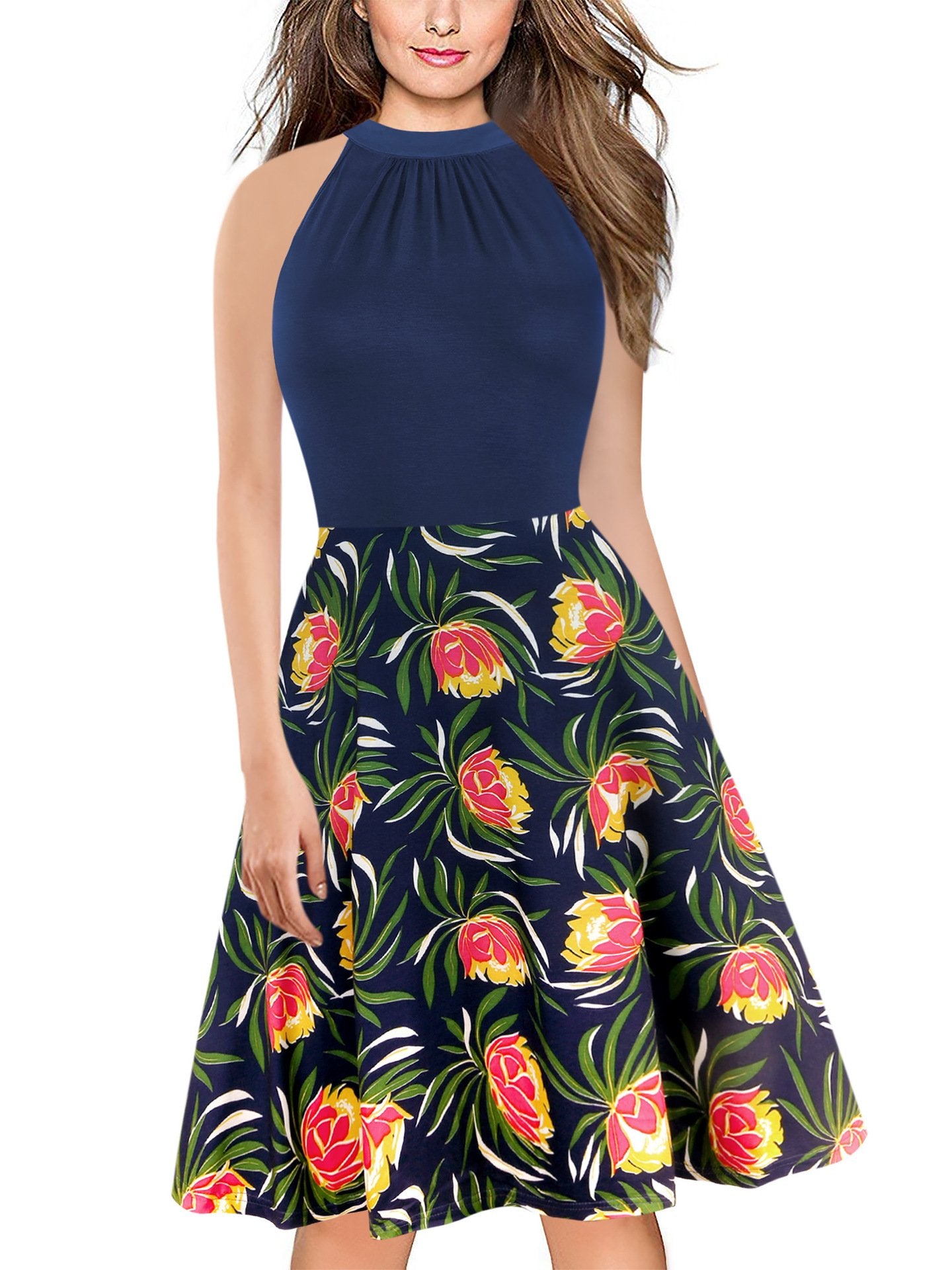 Floral Contrast Mock Halter Dress