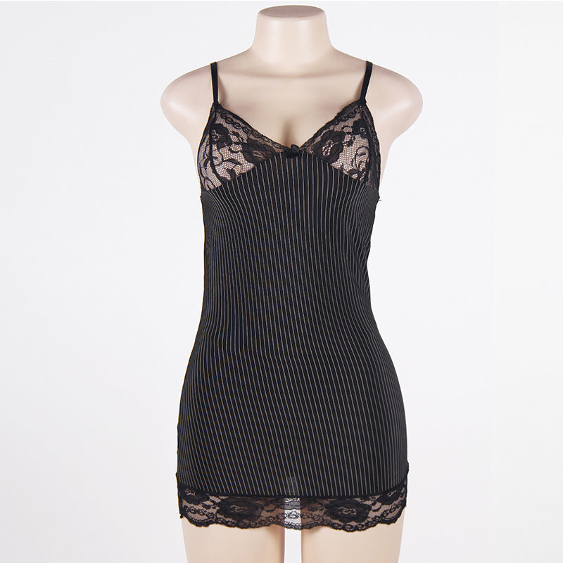 Plus Size Black Lace & Pinstripe Dress