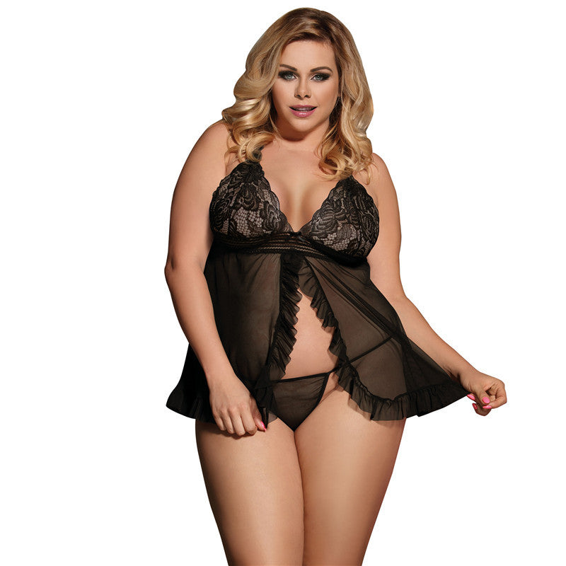 Plus Size Open Front Sheer Lace Set