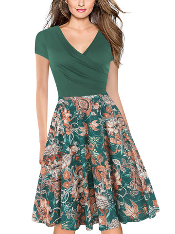 Contrast Patterned Skirt Surplice Dress - Theone Apparel