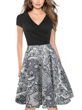 Contrast Patterned Skirt Surplice Dress - Theone Apparel