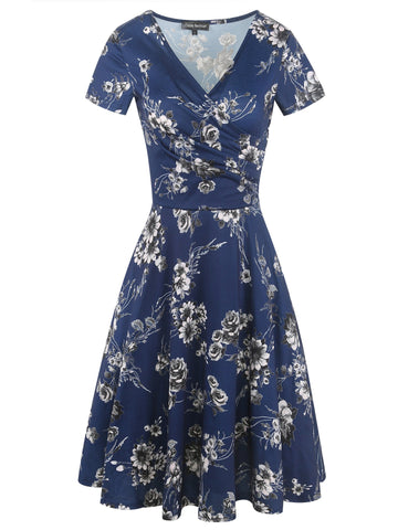 Floral Short-Sleeve Surplice A-Line Dress