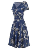 Floral Short-Sleeve Surplice A-Line Dress