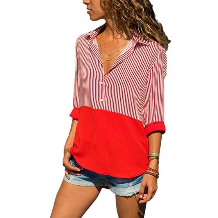 Stripe Blocked Collared Button-Front Blouse