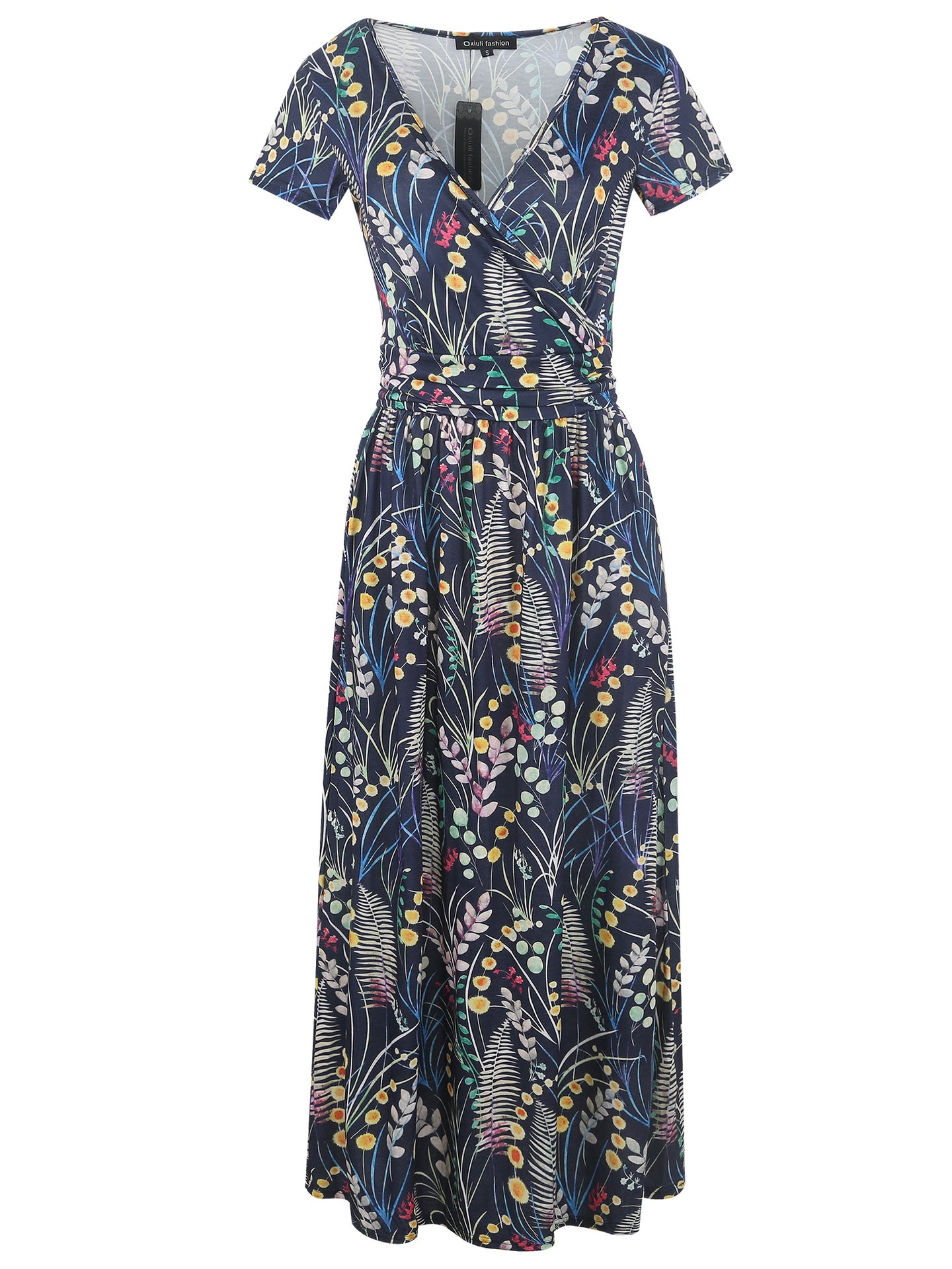 Patterned Surplice Cap-Sleeve Semi-Fitted Dress