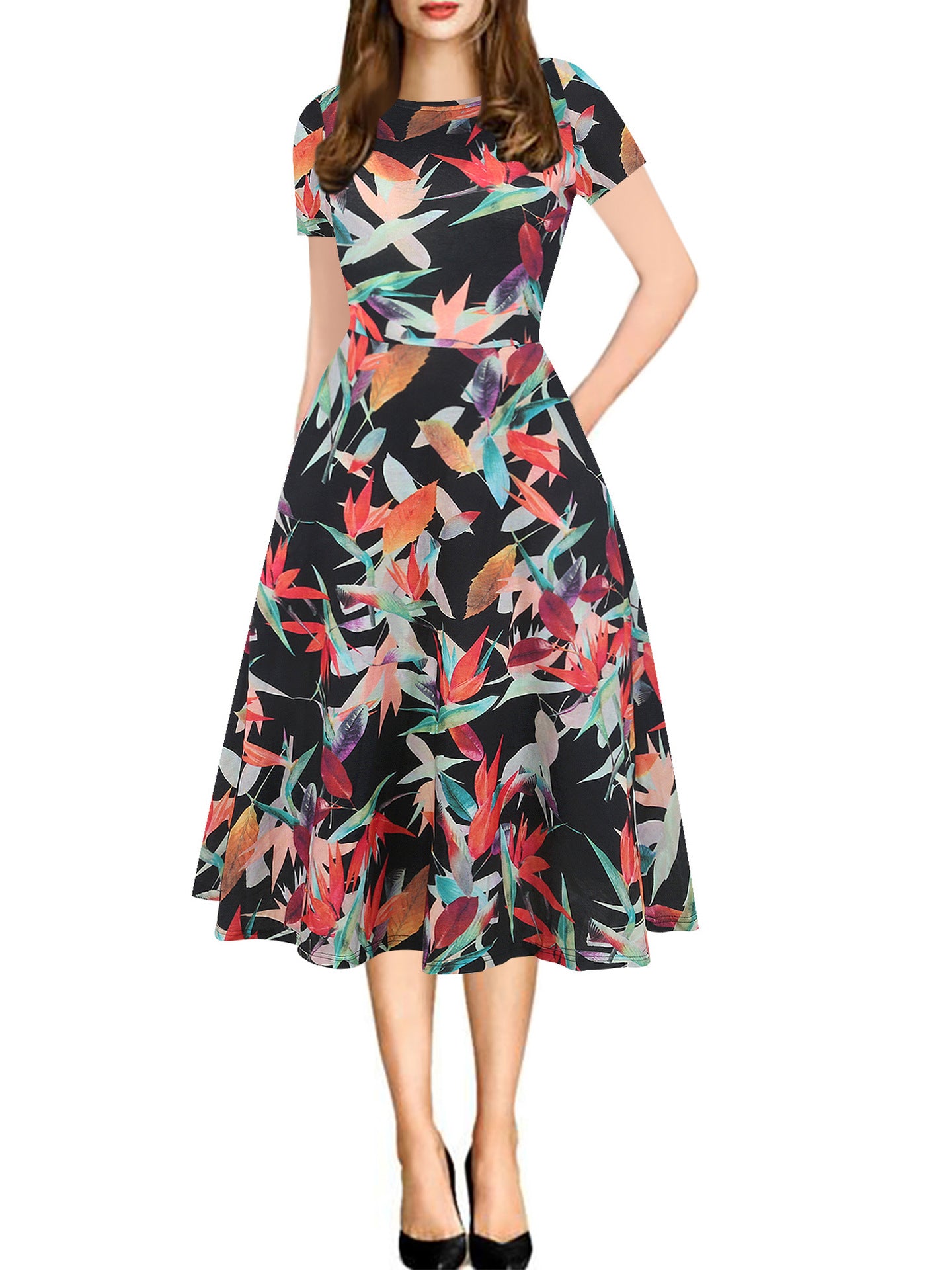 Print a-line midi-jurk met korte mouwen