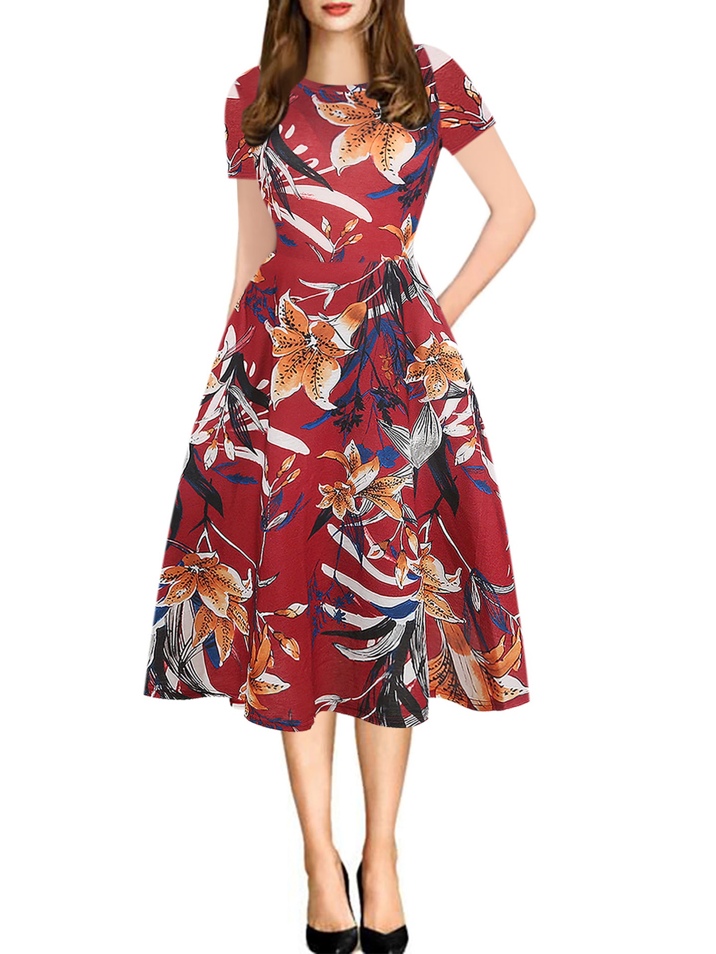 Print a-line midi-jurk met korte mouwen