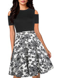 Shoulder-Cutout Printed Skirt A-Line Dress